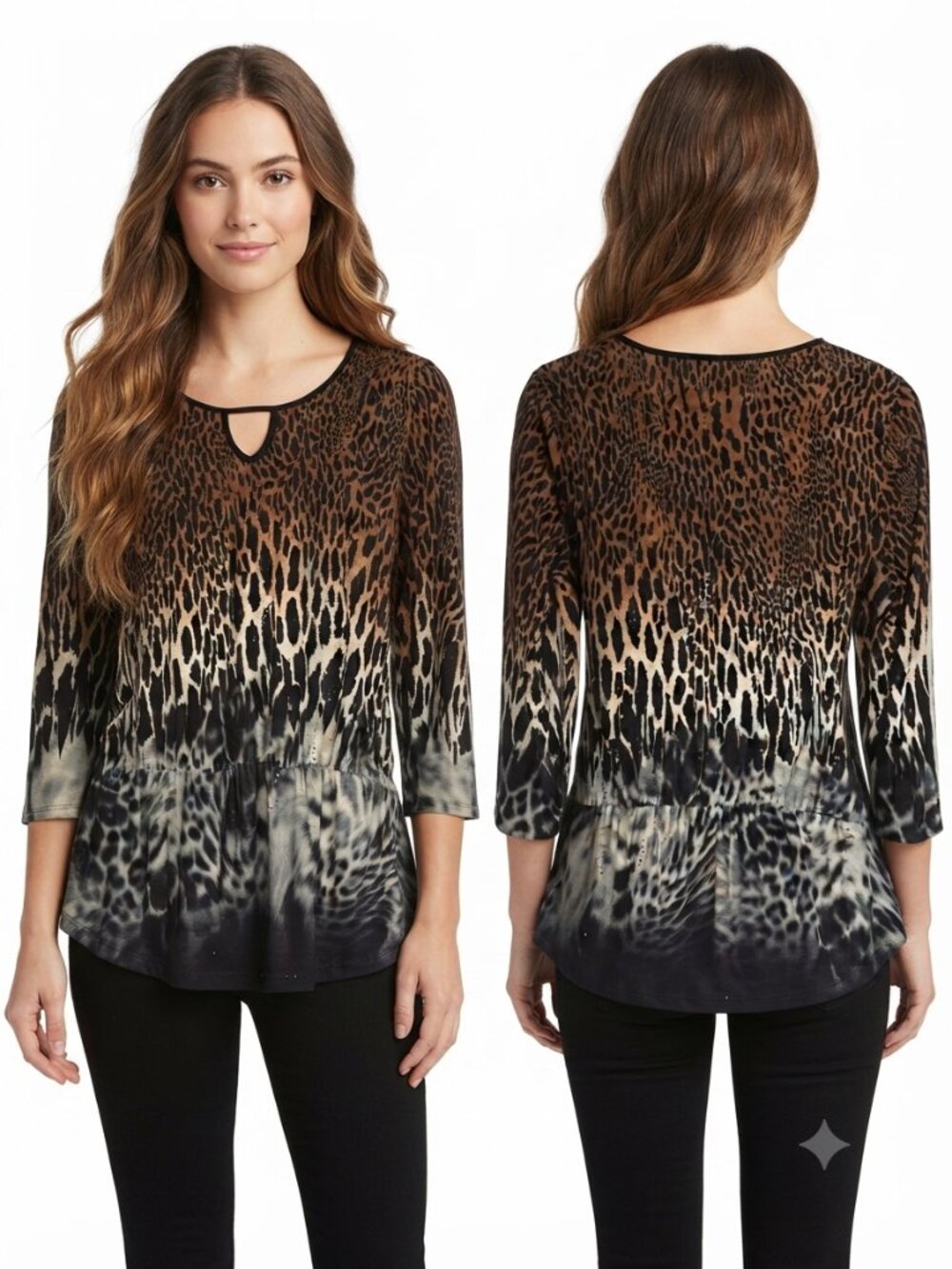 Cato Women's Leopard Print Blouse Size L Peplum Hem Beaded 3/4 Sleeve